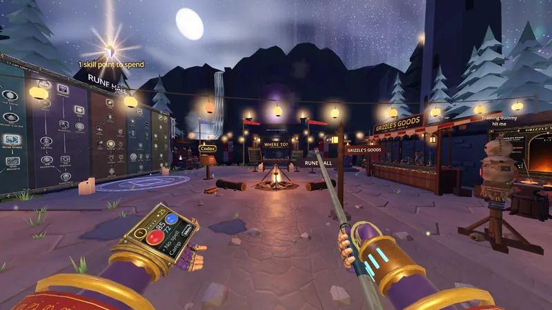 The camp at night: lanterns, a hearth, the rune hall and the merchant's stall under the moon.