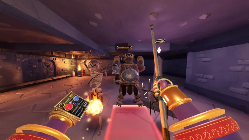 In a torchlit crypt, a skeleton and an armoured brute close in while a fireball charges in the player's hand.