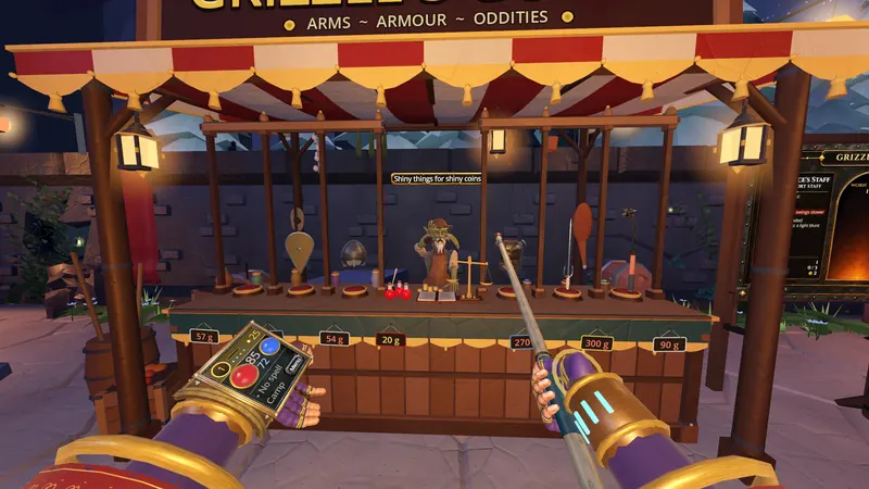 The camp merchant's striped stall, with weapons and oddities priced in gold on the counter.