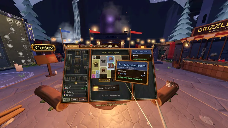 The satchel open at camp: an inventory grid, a paper doll and an item card for a pair of leather boots.