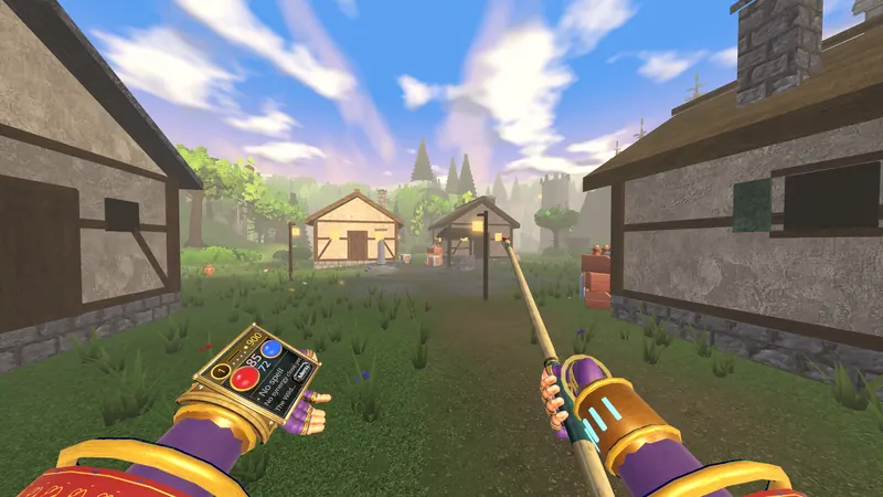 A quiet timber-framed village lane under a bright sky in the Wildwood Vale.